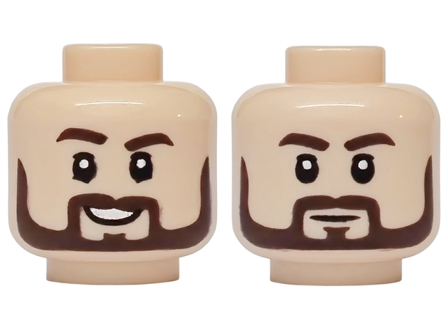 Minifigure, Head Dual Sided Dark Brown Eyebrows and Beard, Right Eyebrow Raised, Lower Eyelids, Open Mouth Smile with Teeth / Neutral Pattern