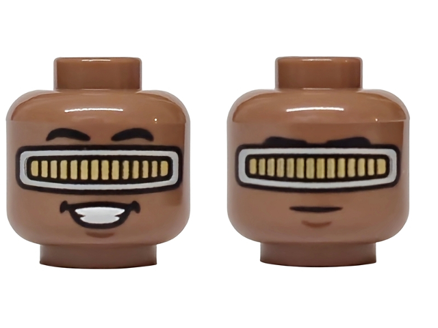 Minifigure, Head Dual Sided Black Eyebrows, Gold and Silver Visor, Reddish Brown Chin Dimple, Open Mouth Smile with Teeth / Neutral Pattern