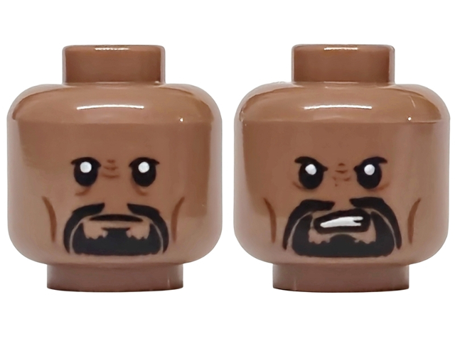 Minifigure, Head Dual Sided Black Upper Eyelids, Goatee Beard and Fu Manchu Moustache, Reddish Brown Creases and Cheek Lines, Neutral / Open Mouth Fierce with Teeth Pattern