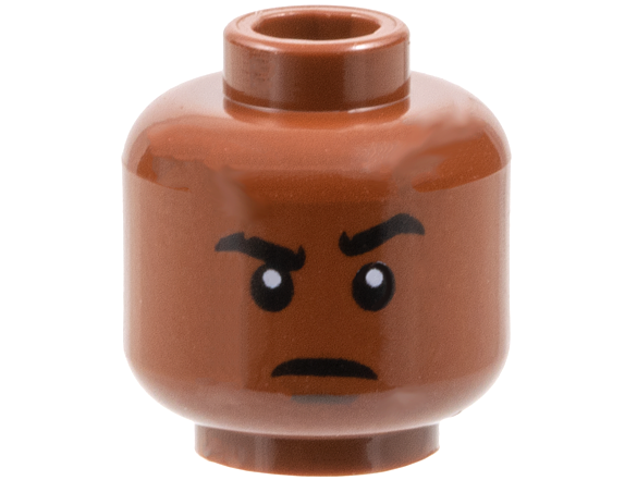 Minifigure, Head Black Thick Eyebrows, Left Raised, Right Notched, Dark Brown Chin Dimple, Slight Frown Pattern