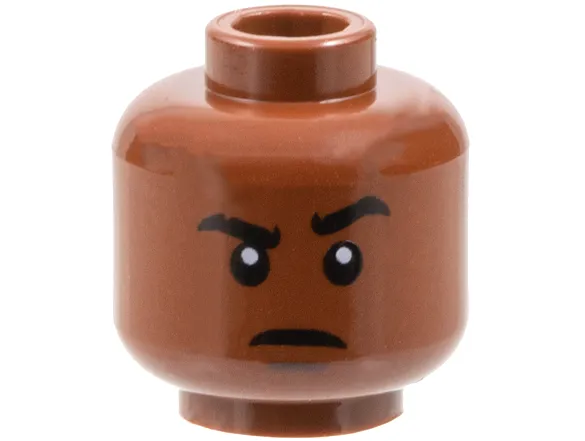 Minifigure, Head Black Thick Eyebrows, Left Raised, Right Notched, Dark Brown Chin Dimple, Slight Frown Pattern