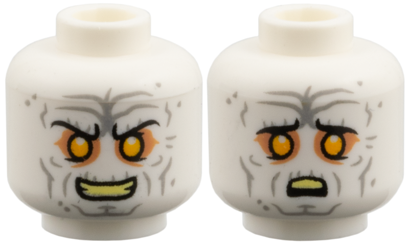 Minifigure, Head Dual Sided Light Bluish Gray Wrinkles, Black Eyebrows, Medium Nougat Eye Shadow, Bright Light Orange Eyes, Bright Light Yellow Teeth, Evil Grin / Scared Pattern
