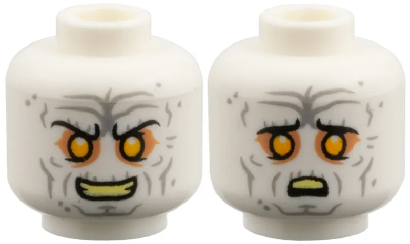 Minifigure, Head Dual Sided Light Bluish Gray Wrinkles, Black Eyebrows, Medium Nougat Eye Shadow, Bright Light Orange Eyes, Bright Light Yellow Teeth, Evil Grin / Scared Pattern