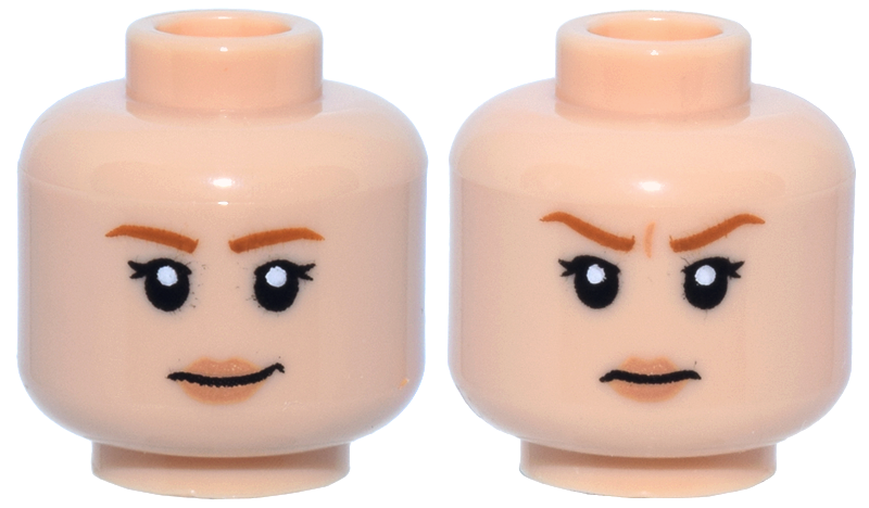 Minifigure, Head Dual Sided Female, Dark Orange Eyebrows, Eyelashes, Nougat Lips, Crooked Smile / Worried Pattern