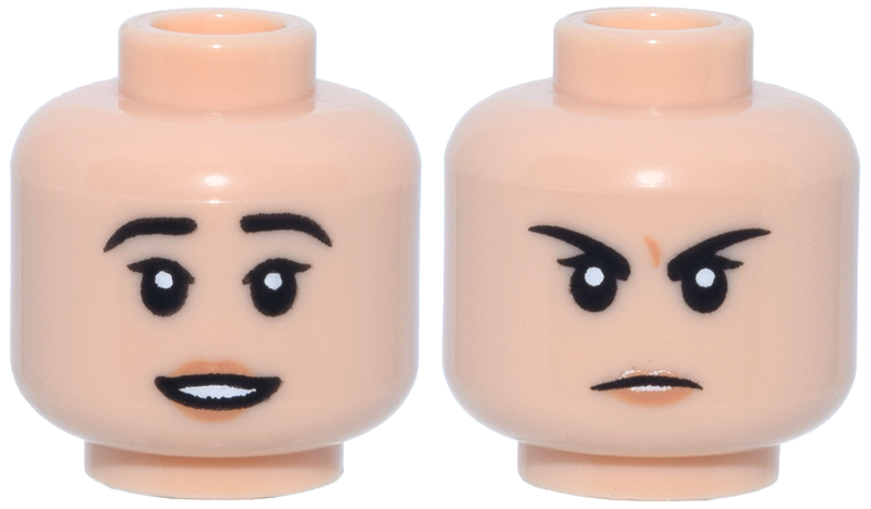 Minifigure, Head Dual Sided Female, Black Eyebrows, Eyelashes, Nougat Lips, Open Mouth Smile / Closed Mouth Angry Pattern