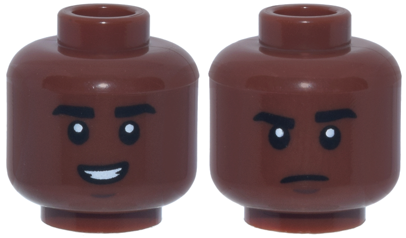 Minifigure, Head Dual Sided, Black Eyebrows, Dark Brown Chin Dimple, Open Mouth Crooked Smile / Closed Mouth Scowl Pattern
