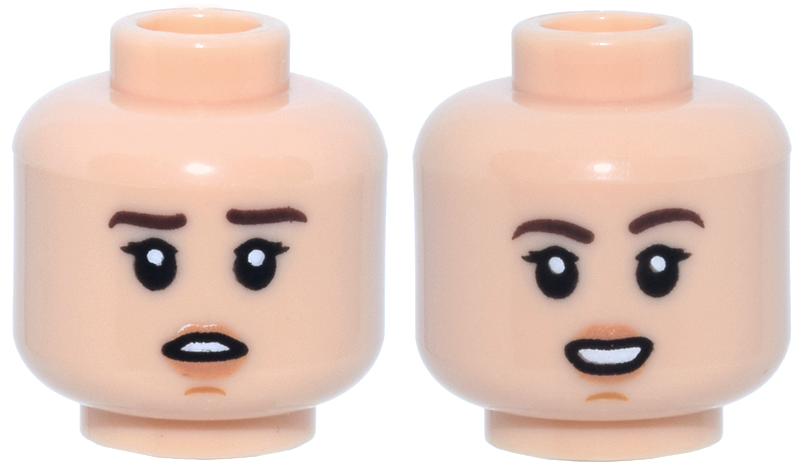 Minifigure, Head Dual Sided Female, Dark Brown Eyebrows, Eyelashes, Nougat Lips and Chin Dimple, Open Mouth Worried / Smile Pattern