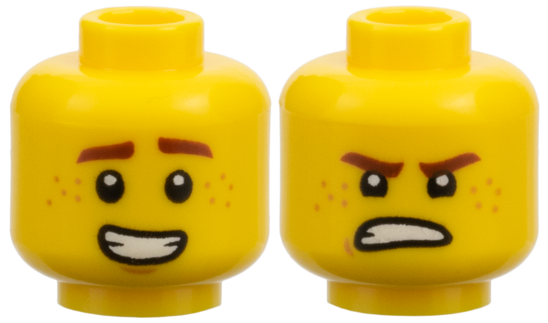 Minifigure, Head Dual Sided Reddish Brown Eyebrows and Freckles, Open Smile / Scowl Pattern (Jay)