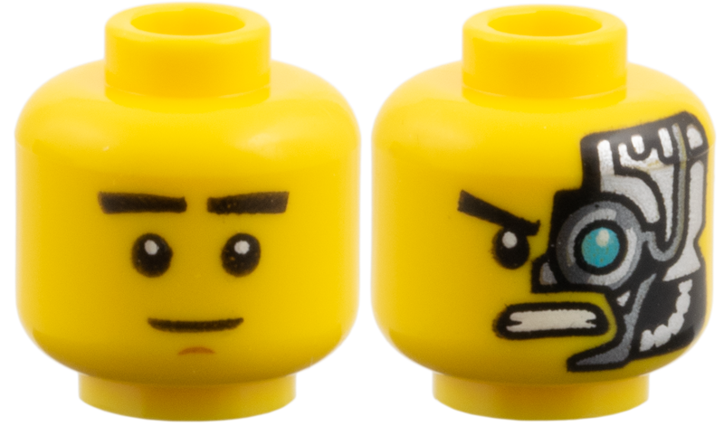 Minifigure, Head Dual Sided Black Eyebrows, Neutral / Frown with Silver Cyborg Left Side, Medium Azure Eye Pattern (Zane)