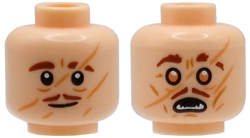 Minifigure, Head Dual Sided Reddish Brown Eyebrows and Moustache, Medium Nougat Slash Scars, Neutral / Medium Nougat Eyes and White Fangs Pattern