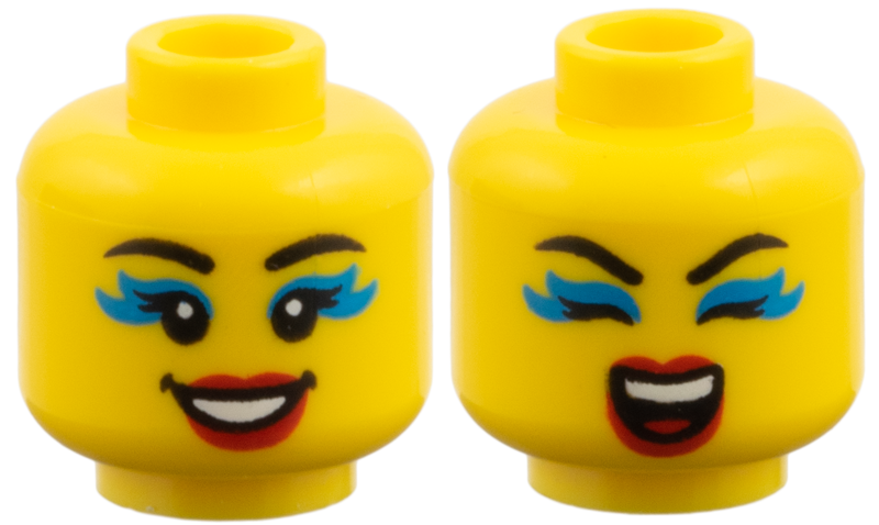 Minifigure, Head Dual Sided Female, Black Eyebrows, Dark Azure Eye Shadow, Red Lips, Smile / Eyes Closed Singing Pattern