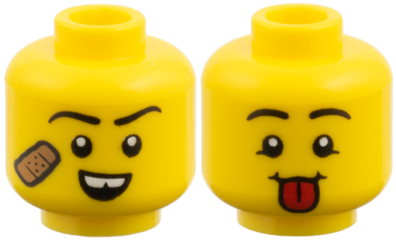 Minifigure, Head Dual Sided, Black Eyebrows, Medium Nougat Bandage and Gap in Teeth / Red Tongue Pattern