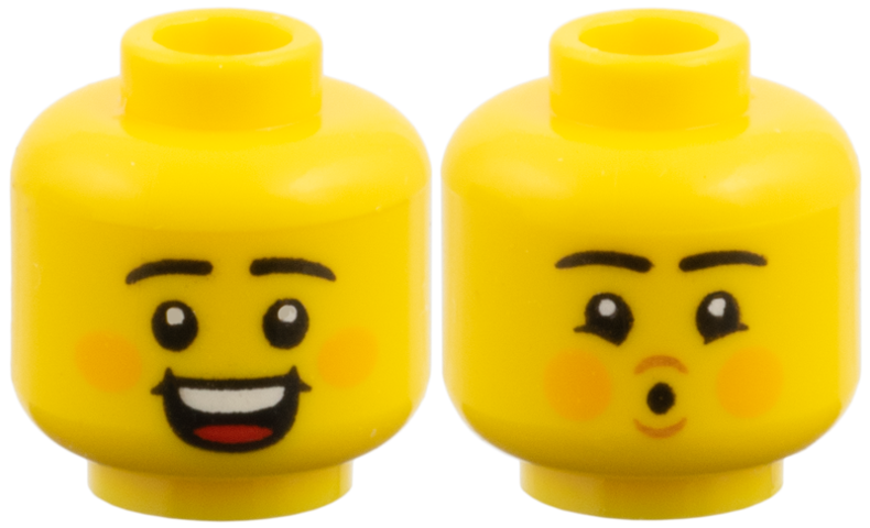 Minifigure, Head Dual Sided, Black Eyebrows, Orange Cheeks, Open Smile / Pucker Pattern