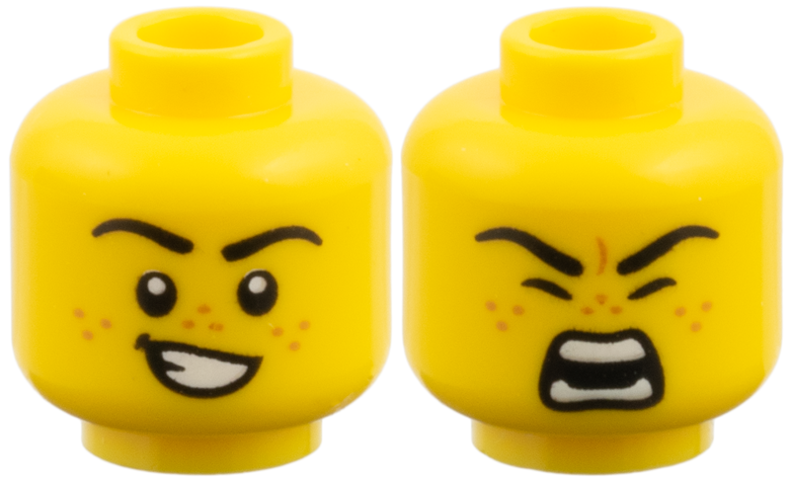 Minifigure, Head Dual Sided, Black Eyebrows, Medium Nougat Freckles, Lopsided Grin with Teeth / Roaring Pattern