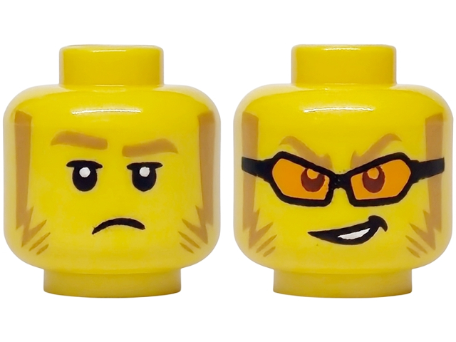 Minifigure, Head Dual Sided Medium Nougat Eyebrows, Sideburns and Sunglasses, White Pupils, Sad / Excited Smile Pattern