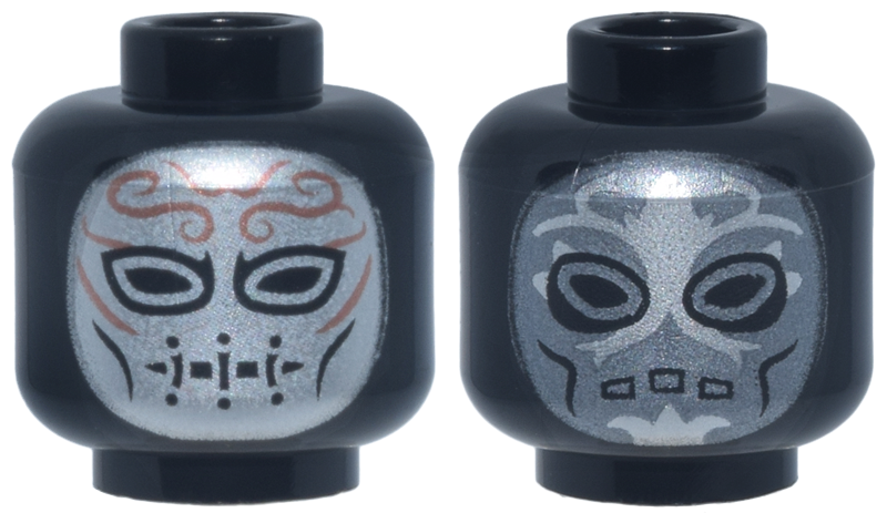 Minifigure, Head Dual Sided Alien HP Death Eater with Silver Face with Copper Filigree and Angled Eyes / Dark Silver Face with Silver Markings and Oval Eyes Pattern