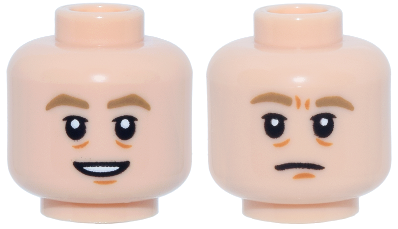 Minifigure, Head Dual Sided Dark Tan Eyebrows, Dark Orange Chin Dimple and Wrinkles, Open Mouth Smile / Closed Mouth Frown Pattern
