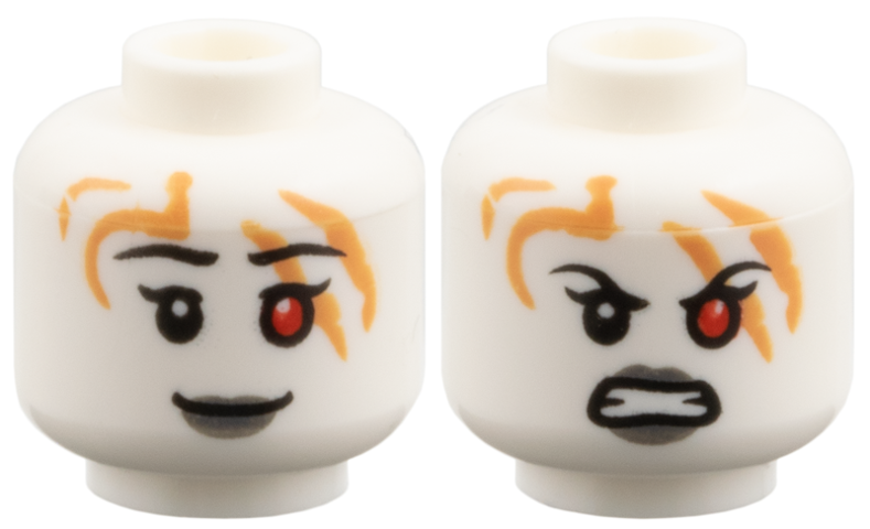 Minifigure, Head Dual Sided Female Alien, Medium Nougat Tattoos, Black Eyebrows, Red Eye Left, Dark Bluish Gray Lips, Grin / Scowl Pattern