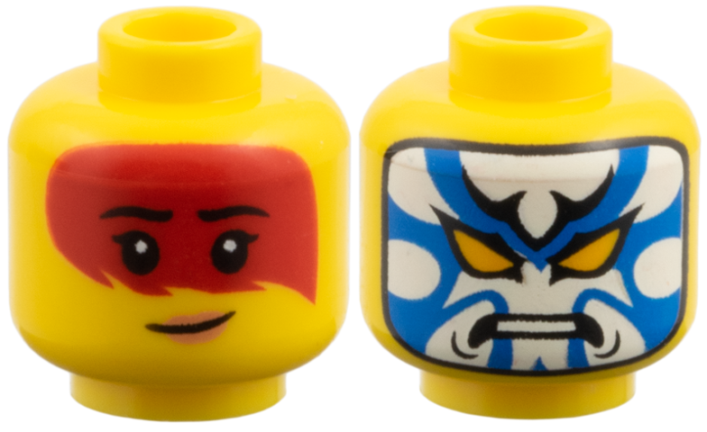 Minifigure, Head Dual Sided Female, Large Red Tattoo and Nougat Lips / Blue and White Mask with Bright Light Orange Eyes Pattern