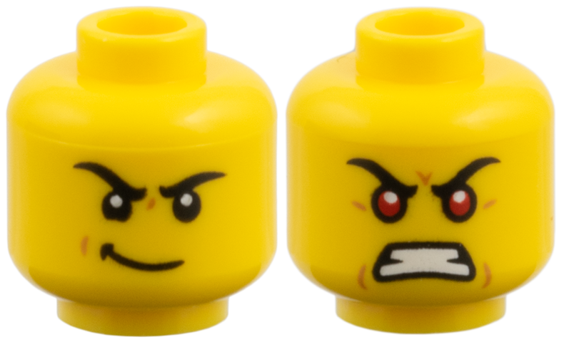 Minifigure, Head Dual Sided, Black Eyebrows, Lopsided Grin / Scowl with Red Eyes Pattern
