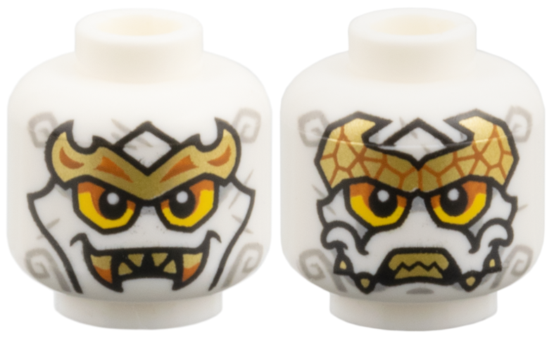 Minifigure, Head Dual Sided Alien, Gold Headpiece and Teeth, Copper Trim, Yellow Eyes, Light Bluish Gray Spiral Markings, Grin with Fangs / Neutral Pattern