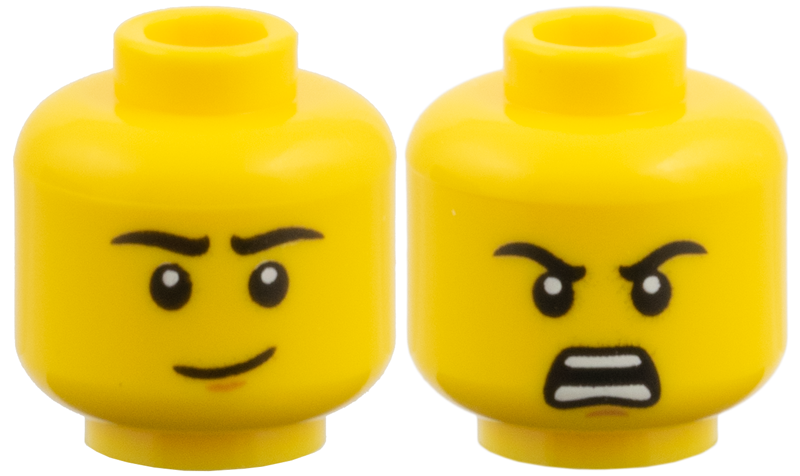Minifigure, Head Dual Sided, Black Eyebrows, Lopsided Grin / Open Scowl with Teeth Pattern