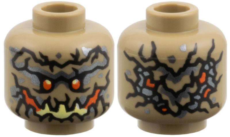 Minifigure, Head Alien, Black Cracks, Dark Silver Markings, Bright Light Yellow and Reddish Orange Eyes and Mouth Pattern