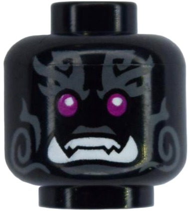Minifigure, Head Alien Oni with Magenta Eyes, Dark Bluish Gray Markings, Frown with White Teeth and Lower Fangs Pattern (BAM)
