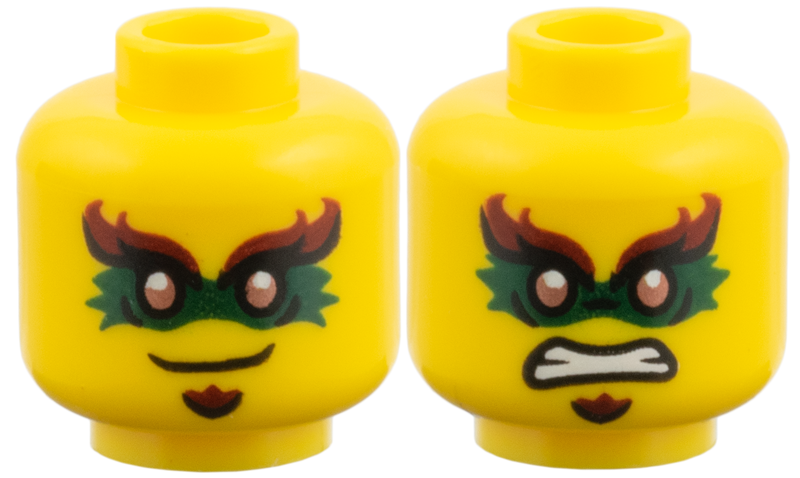 Minifigure, Head Dual Sided, Reddish Brown Bushy Eyebrows, Dark Green Domino Mask, Copper Eyes, Soul Patch, Grin / Scowl Pattern