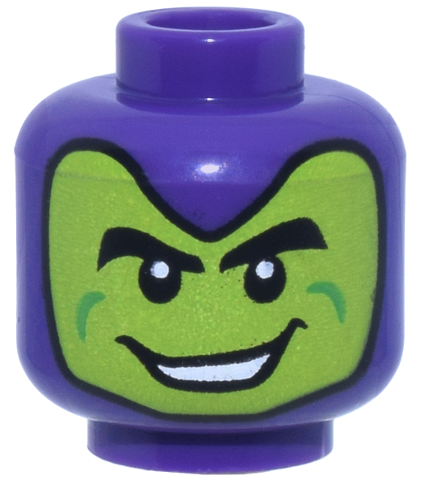 Minifigure, Head Alien Balaclava Lime Face, Black Eyebrows, Green Cheek Lines, Open Mouth Smile with Teeth Pattern