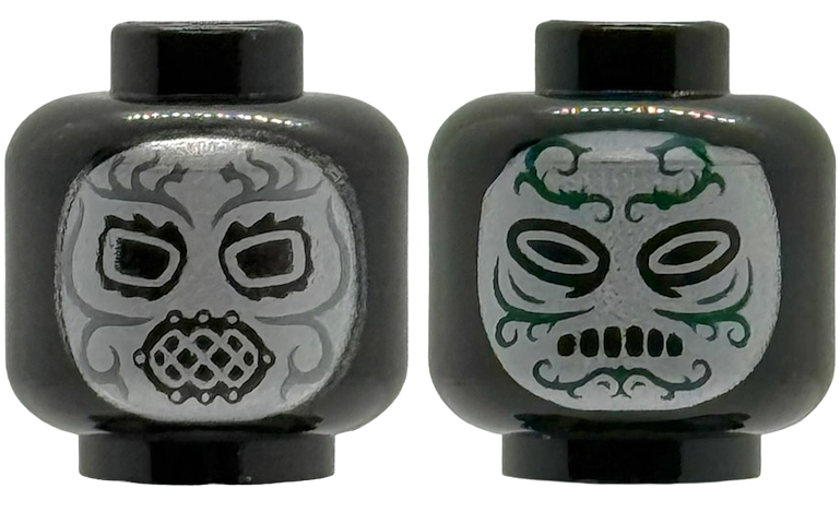 Minifigure, Head Dual Sided Alien HP Death Eater with Silver Face, Mouth Vent with Dark Silver Filigree and Angled Eyes / Dark Green Filigree and Oval Eyes Pattern