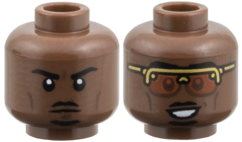 Minifigure, Head Dual Sided Black Eyebrows, Moustache and Goatee, Dark Brown Cheek Lines and Chin Dimple, Frown / Gold Glasses with Dark Orange Lenses, Open Mouth Smile with Teeth Pattern