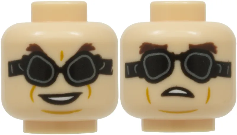 Minifigure, Head Dual Sided Dark Brown Bushy Eyebrows, Black Goggles, Medium Nougat Chin and Cheek Lines, Evil Open Mouth Smile with Teeth / Worried Pattern