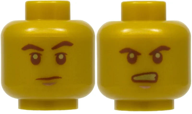 Minifigure, Head Dual Sided Dark Brown Eyebrows, Copper Chin Dimple, Neutral / Angry Open Mouth with Gold Bared Teeth Pattern