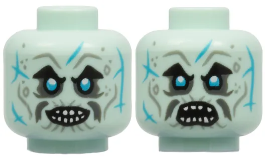 Minifigure, Head Dual Sided Alien Light Bluish Gray Eyebrows, Black Eyelashes, Medium Azure Eyes, Dark Bluish Gray Eye Shadow and Moustache, Open Mouth with Teeth, Evil Grin / Fierce Pattern