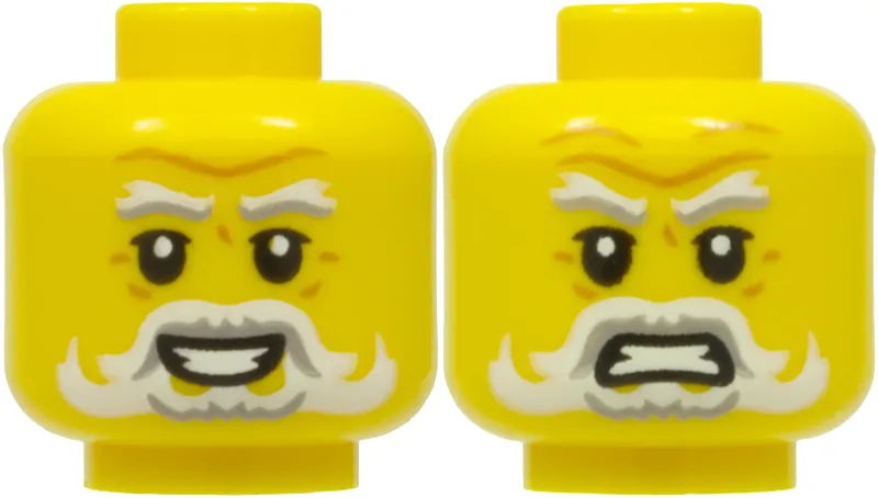 Minifigure, Head Dual Sided White and Light Bluish Gray Eyebrows, Moustache and Beard, Medium Nougat Wrinkles, Open Mouth Smile with Teeth / Grimace Pattern