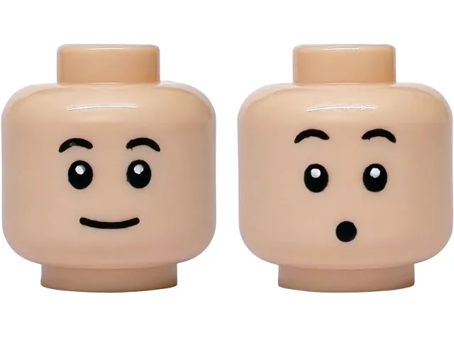 Minifigure, Head Dual Sided Black Small Eyebrows and Eyes, Smile / Surprised with Round Open Mouth Pattern