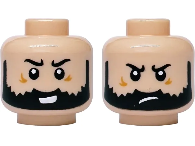 Minifigure, Head Dual Sided Black Eyebrows and Beard, Medium Nougat Crow's Feet, Lopsided Open Mouth Smile with Teeth / Frown Pattern