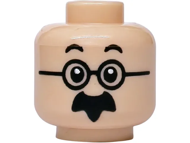 Minifigure, Head Black Small Raised Eyebrows, Round Glasses, Moustache and Goatee Pattern