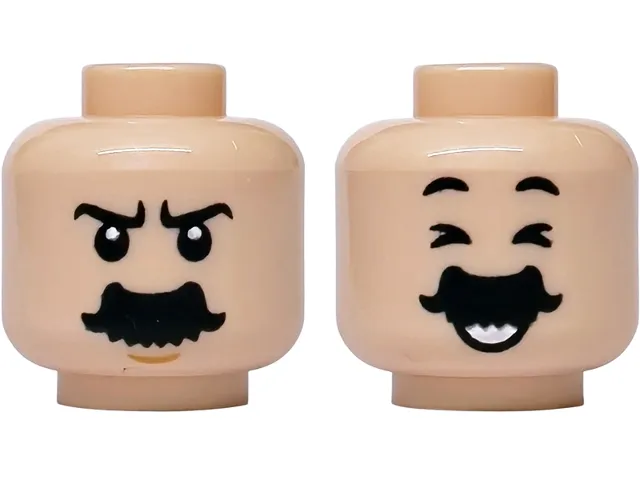 Minifigure, Head Dual Sided Black Eyebrows and Thick Flared Moustache, Medium Nougat Chin Dimple, Stern / Closed Eyes, Open Mouth Grin with Teeth Pattern