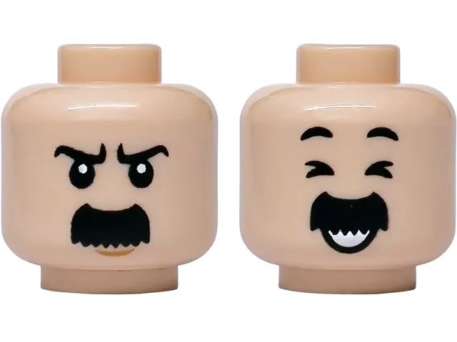 Minifigure, Head Dual Sided Black Eyebrows and Thick Straight Moustache, Medium Nougat Chin Dimple, Stern / Closed Eyes, Open Mouth Grin with Teeth Pattern
