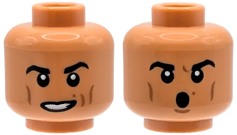 Minifigure, Head Dual Sided Black Eyebrows, Medium Nougat Cheek Lines and Mole, Lopsided Open Mouth Smile with Teeth / Surprised Pattern