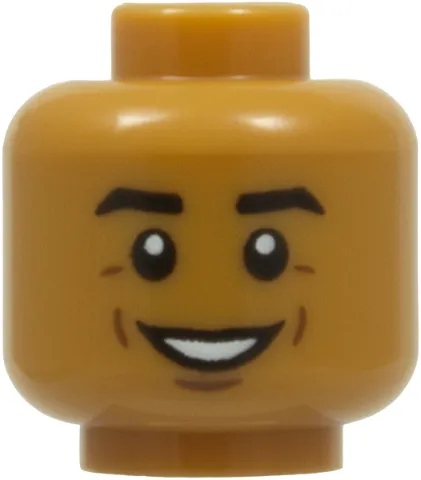 Minifigure, Head Black Thick Eyebrows, Reddish Brown Cheek Lines and Dimples, Open Mouth Smile with Teeth Pattern