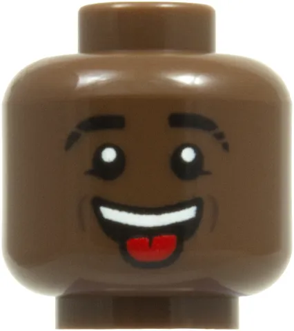 Minifigure, Head Black Eyebrows with Slits, Lower Eyelids, Dark Brown Cheek Lines, Open Mouth Smile with Top Teeth and Red Tongue Sticking Out Pattern