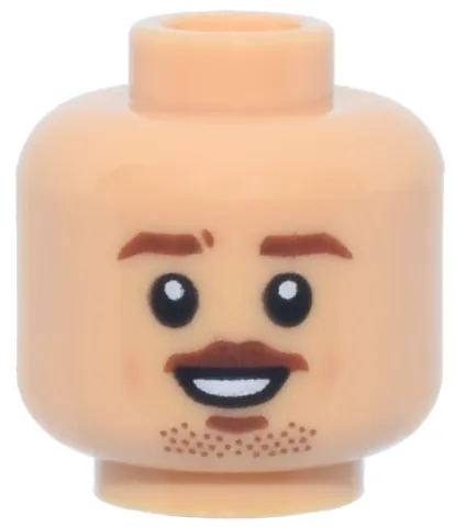 Minifigure, Head Reddish Brown Eyebrows, Moustache and Chin Stubble, Open Mouth Smile Pattern