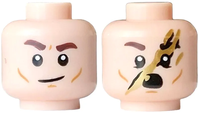 Minifigure, Head Dual Sided Dark Brown Eyebrows, Right Raised, Medium Nougat Cheek Lines and Chin Dimple, Lopsided Grin / Gold Scar Pattern
