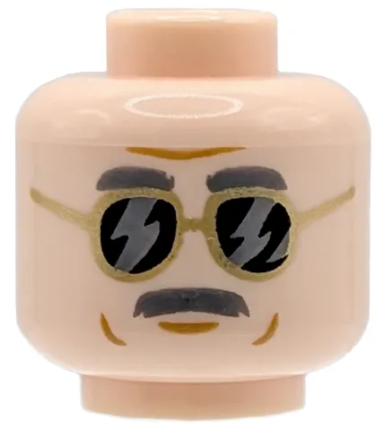 Minifigure, Head Dark Bluish Gray Eyebrows and Moustache, Medium Nougat Forehead Crease, Cheek Lines and Chin Dimple, Gold Sunglasses with Black Lenses and Silver Reflections Pattern
