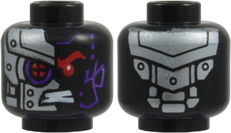 Minifigure, Head Alien Dark Purple Highlights, Red Eye, Gritted Teeth, Silver Armored Right Side and Plates on Back Pattern