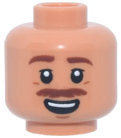 Minifigure, Head Reddish Brown Eyebrows and Moustache, Dark Orange Laugh Lines and Chin Dimple, Open Mouth Smile with Top Teeth Pattern