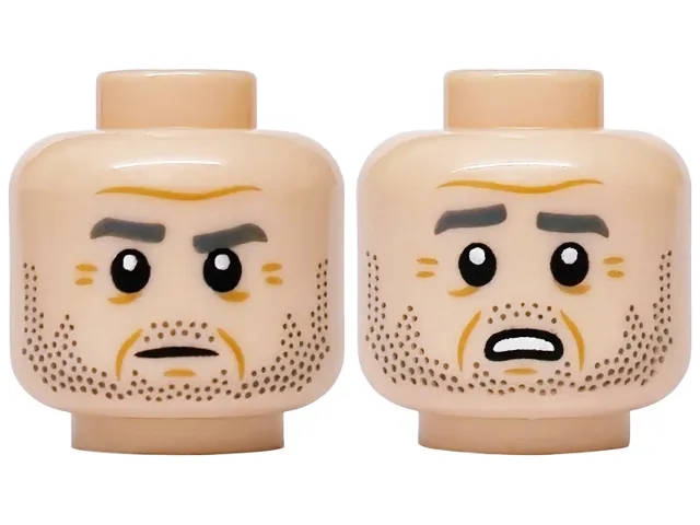 Minifigure, Head Dual Sided, Dark Bluish Gray Eyebrows, Dark Brown Beard Stubble, Medium Nougat Forehead Crease, Crow's Feet, Cheek Lines and Chin Dimple, Raised Right Eyebrow, Neutral / Worried Open Mouth with Teeth Pattern